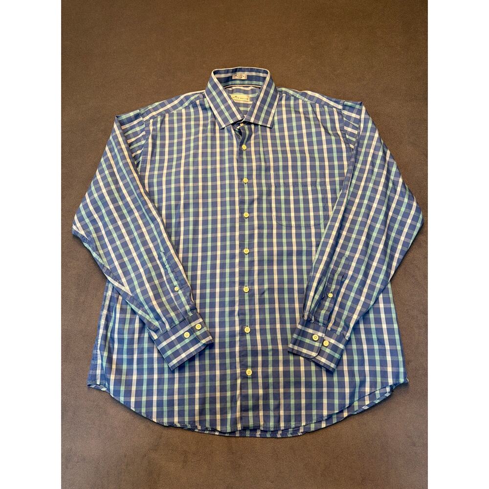 Peter Millar Plaid Button Up Shirt Mens Sz XL Blue Long Sleeve Cotton Silk Blend